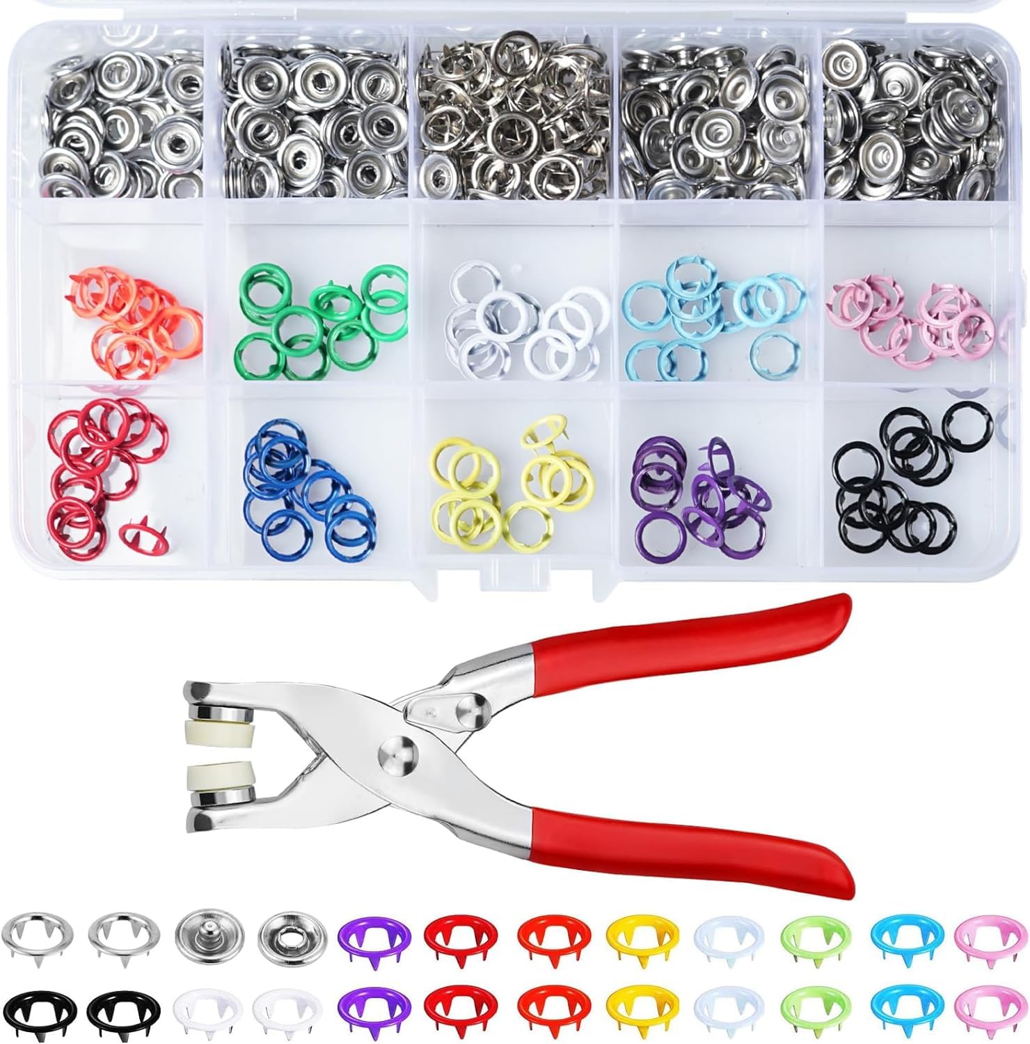 Fychuo 400 Sets Snap Button Fastener Kit, 9.5mm Metal Poppers Fasteners Kit, Press Studs Snap Fasteners No Sewing, Five Claw Buckle Tool for Sewing Crafts Children's Clothing (Colourful+Silver)