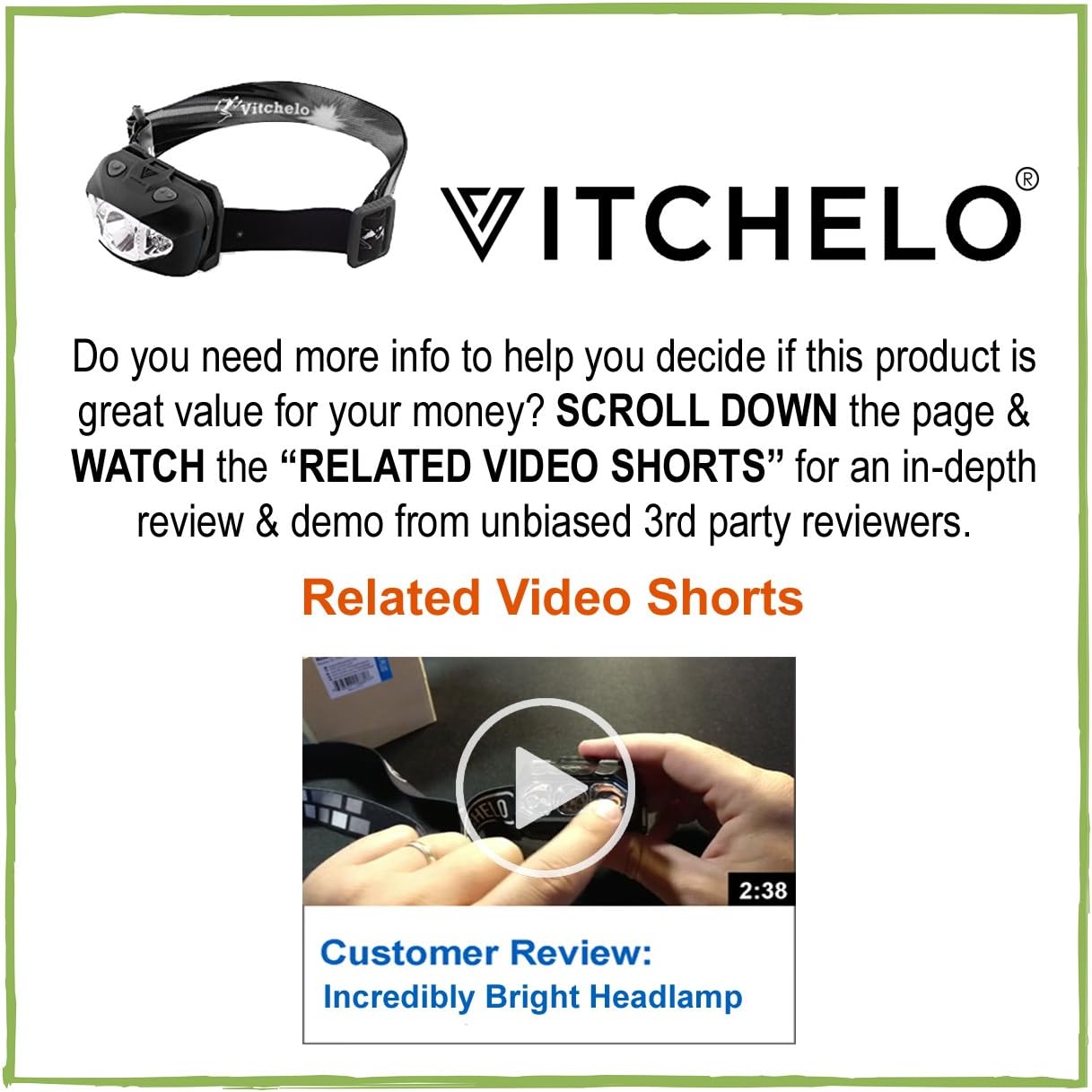 VITCHELO V800 Headlamp Flashlight with White and Red LED Lights. Super Bright Head Light & Waterproof. 3 AAA Batteries Included Best for Trail Running Jogging Camping Hiking Hunting Reading Mechanic: Sports & Outdoors