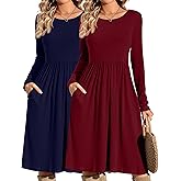 Riyiper 2 Pack Casual Dresses Women Fall Winter 2025, Long Sleeve Loose Fit Pleated Swing Dress with Pockets Knee Length