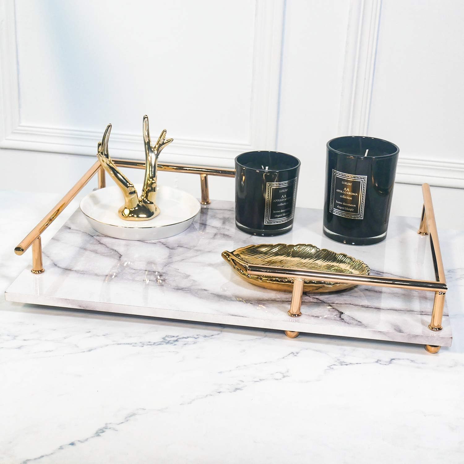PuTwo Decorative Tray, MDF Tray with Marble Print, Handmade Vanity Tray, Perfume Tray with Gold Metal Handle, Trinket Tray, Catchall Tray for Dresser Bathroom Vanity Table (Gray and White): Kitchen & Dining