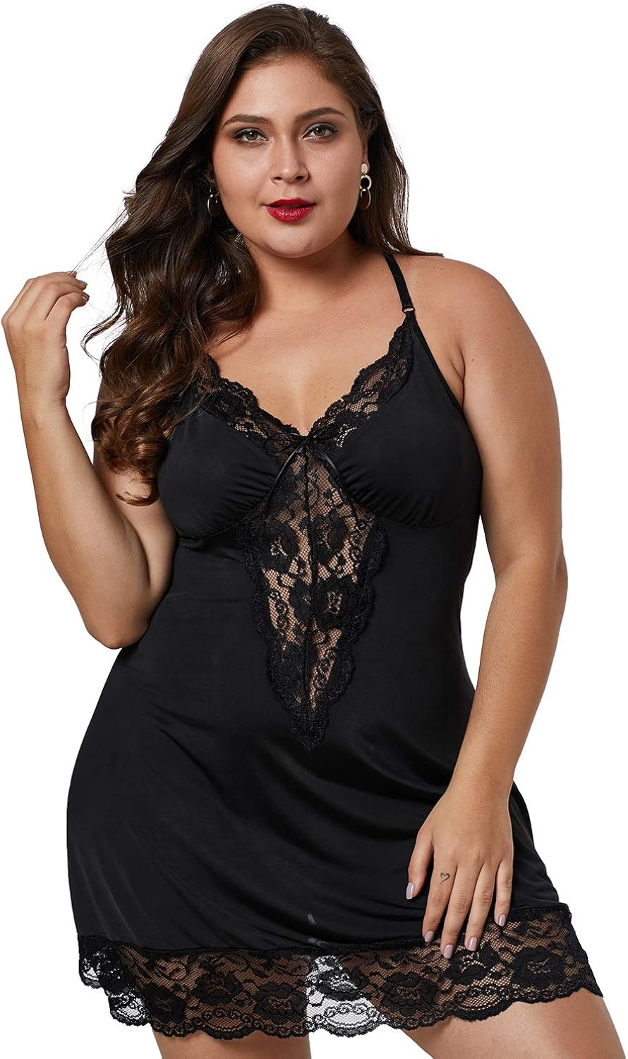 XAKALAKA Women Plus Size Babydoll Lingerie Back Crisscross Lace Trim Chemise Sleepwear at  Women’s Clothing store