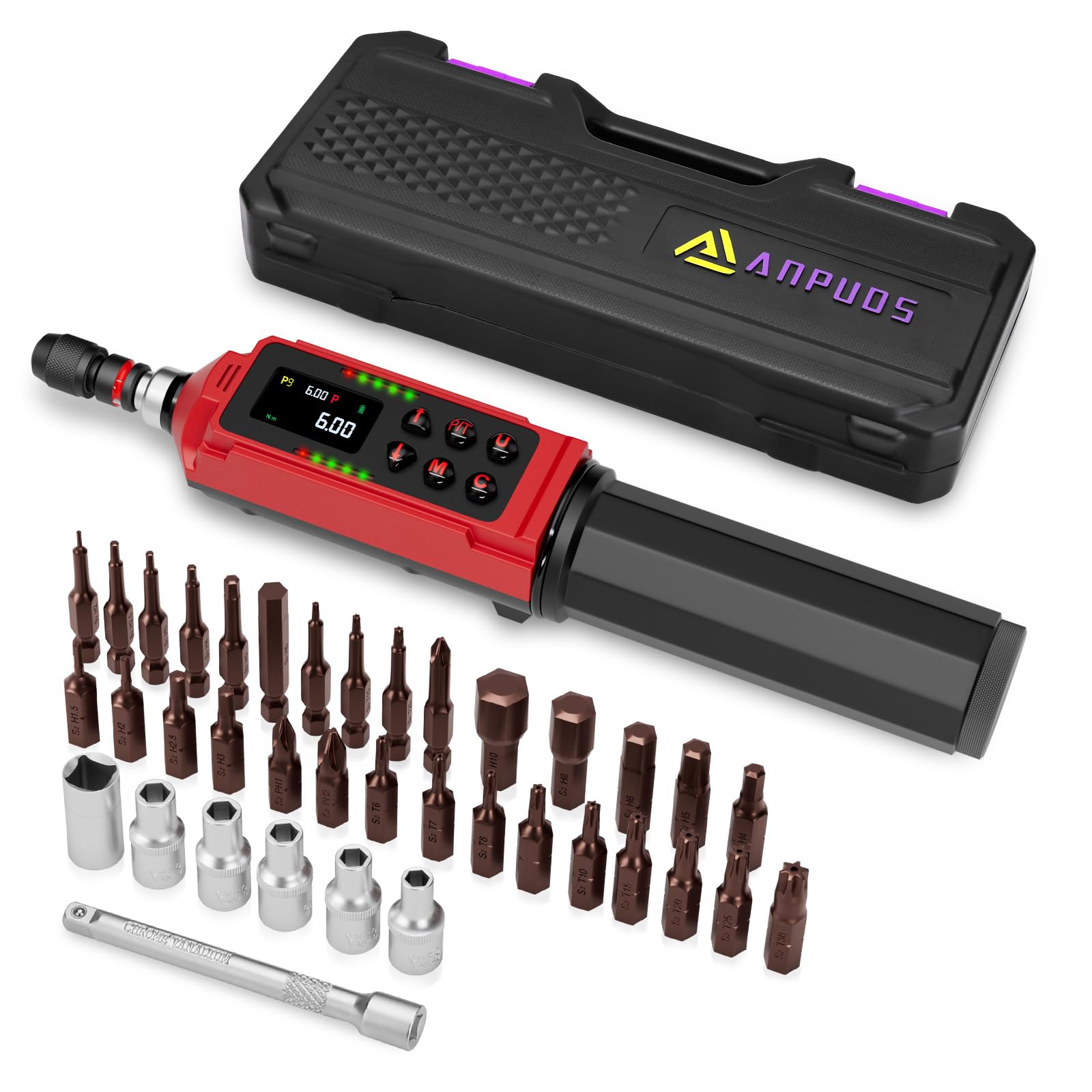 ANPUDS Digital Torque Screwdriver, 0.09-6 Nm Adjustable Torque Screwdriver, Screwdriver Torque Wrench Set with ±1% Error Accuracy, Vibrations, Buzzer and LED Display