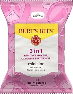 Burt’s Bees Micellar Rose Water Facial Towelettes, 100% Plant Based Cloth; 99% Natural Origin; Remove Makeup, Cleanse, Hydrat