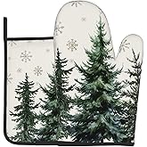 Winter Green Tree Snowflake Oven Mitts and Pot Holders Sets Heat Resistant Non Slip Xmas/Christmas Tree Snow Kitchen Gloves Hot Pads Potholders 2 Pack Set Holiday Decor for Chef Cooking Bakers Kitchen