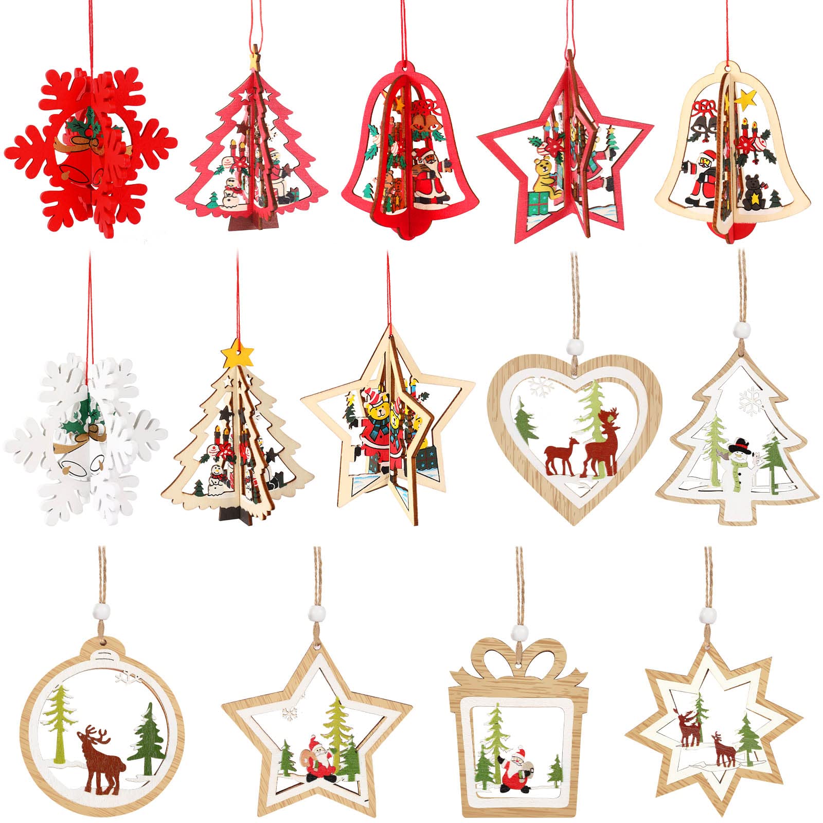 JANLOFO 14 Pcs Christmas Tree Ornaments Wooden Christmas Tree Ornaments Nordic Decoration 3D Openwork Star Snow Santa Snowman Heart Bell