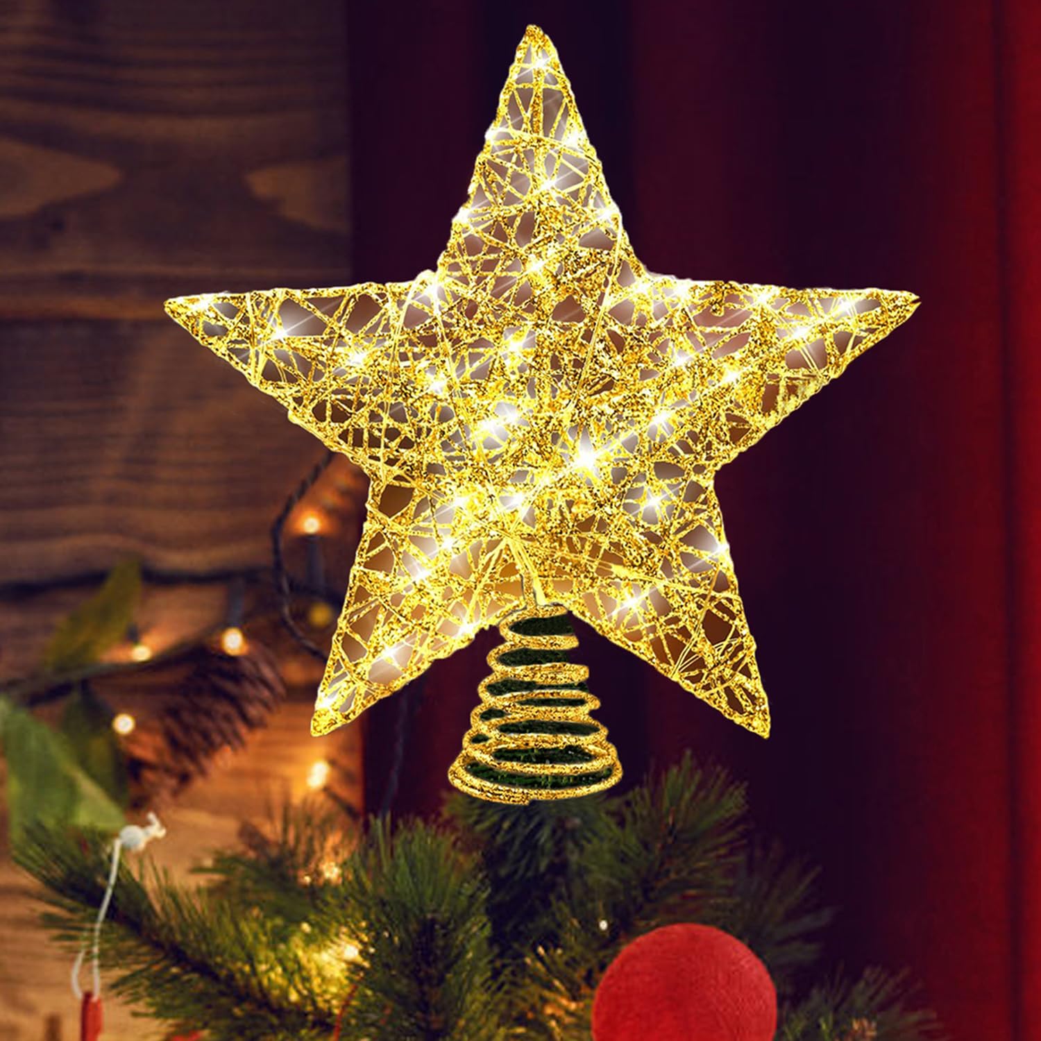 Christmas Tree Topper, 9.84 In Tree Topper, Metal Design Glittered 20 LED Lights Christmas Tree Star Topper for Festive Christmas Tree Decorations (Glitter Gold)