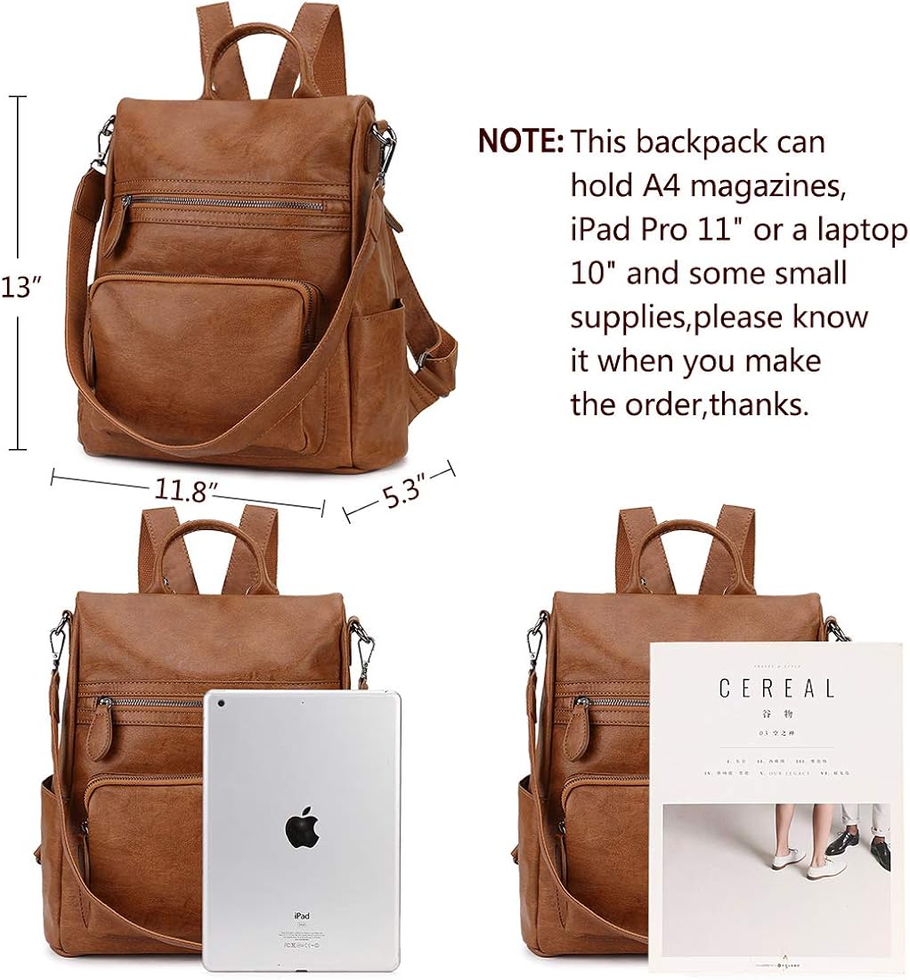 RAVUO Anti-theft Backpack,Fashion PU Leather Backpack for Women Ladies Rucksack Shoulder School Bag, M, Brown - Image 3