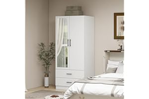 WonderWard Wardrobe Closet, 2 Door Armoire with Storage Cabinet, Bedroom Armoires with Storage Drawers, Armoire Wardrobe Closet with Hanging Rod, Wooden White Closet Cabinet with Mirror, Armoire