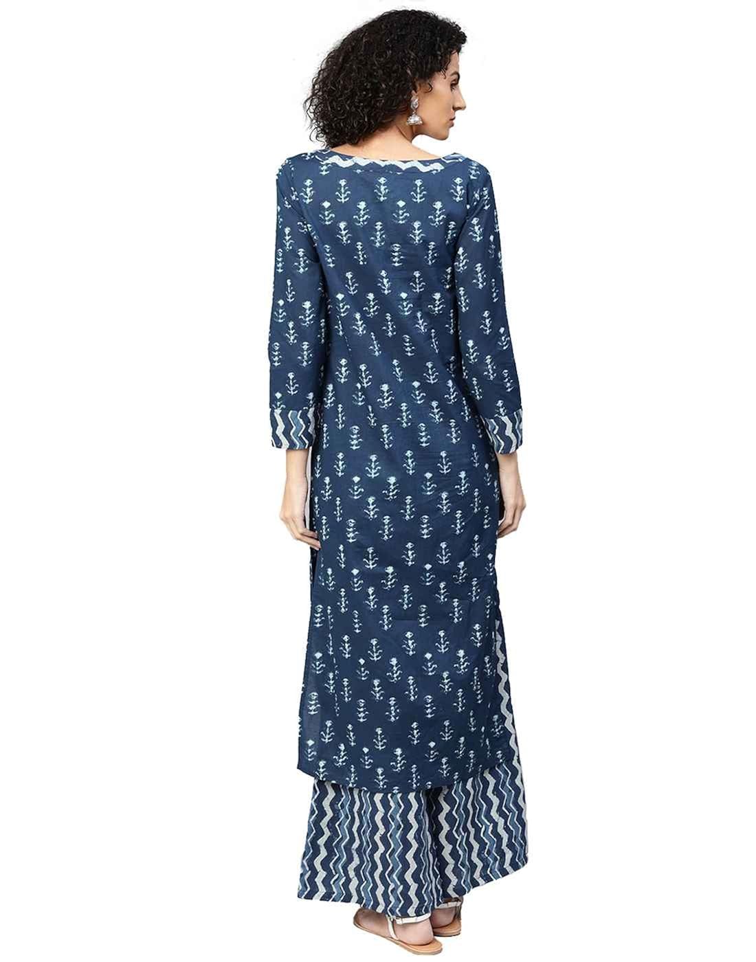 jaipur kurti women blue ethnic motifs straight cotton kurta with palazzo