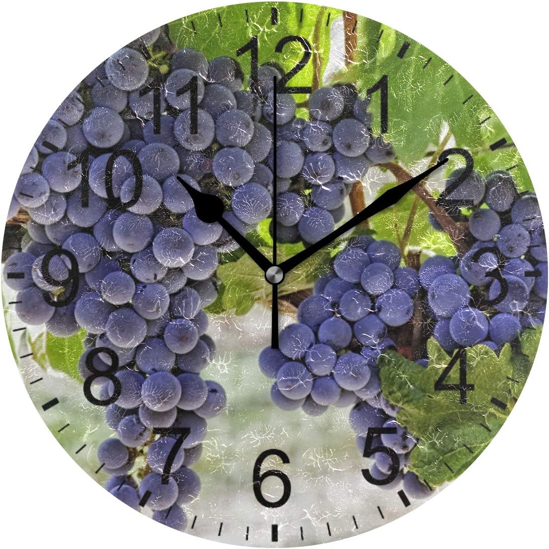 SENNSEE Fruit Grape Grapevine Vines Wall Clock Decorative Living Room Bedroom Kitchen Battery Operated Round Clock for Home Decor Art