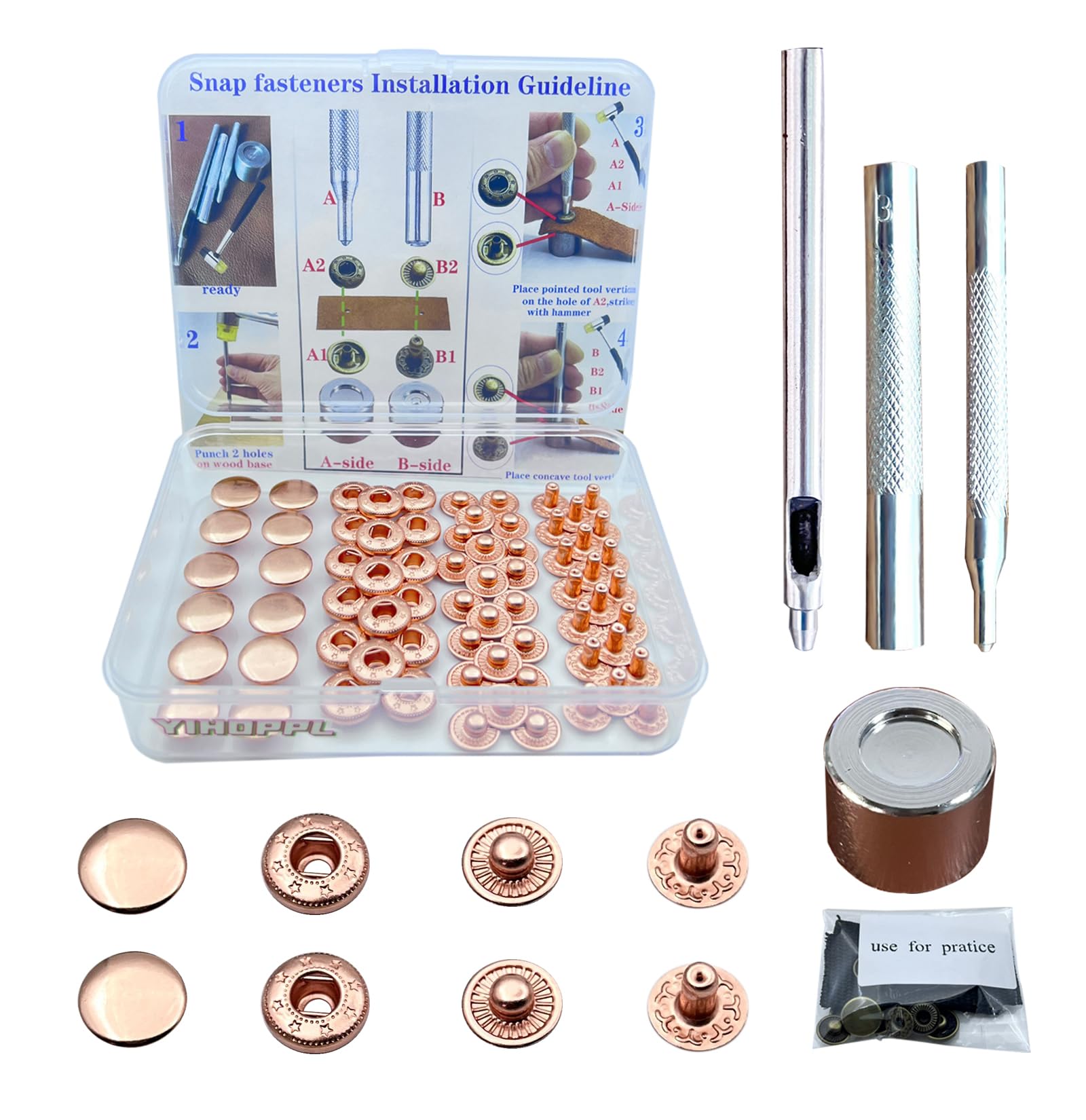 Photo 1 of 12.5MM Leather snap Fasteners kit? Brass Metal Button Snaps for Clothes?Jackets?Jeans ?Wears Bags (with Standard Install Tool?Practice Operations Webbing (12.5 mm Rose Gold, 26)