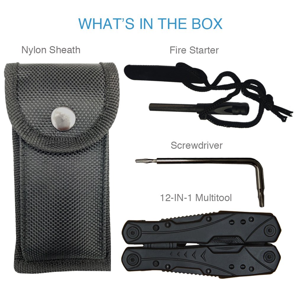 Multitool Pliers Newild 12-in-1 Multi Purpose Pocket tool Set with Knife Fire Starter Nylon Sheath Durable Black Oxide Super Hardened 420 Stainless Steel for Survival,Camping,Fishing,Hunting,Hiking