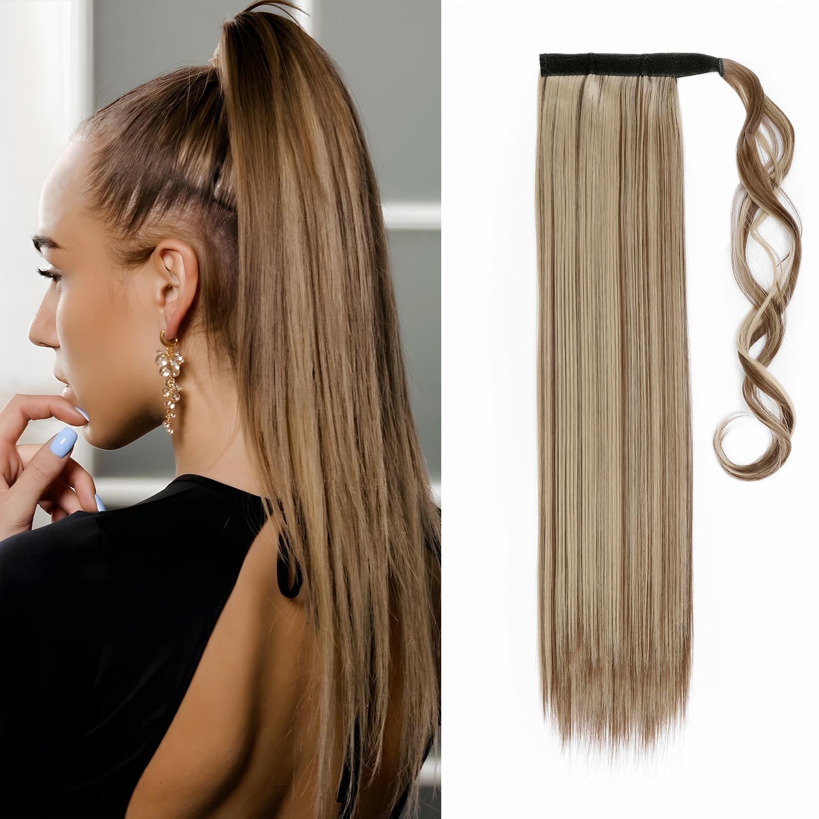 Silk-co Wrap Around Pony Tail Hairpiece Clip in Hair Extensions 23" Long Straight Pony Tail Highlights -Light Brown&Blond