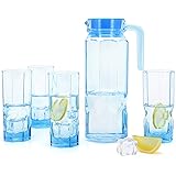 Ice-Blue Glass Pitcher and Glasses Set 1 Pitcher and 4 Drinking Water Cups Tumblers for Homemade Ice Tea & Juice or lemonade,