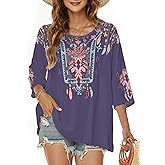 LauraKlein Women Mexican Embroidered Shirt for Women Bohemian Style Top Blouse 3/4 Sleeve Summer Casual Tunics