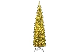 Goplus 6ft Pre-Lit Pencil Christmas Tree, Artificial Slim Xmas Tree with 180 Warm-White LED Lights, 390 Branch Tips, Foldable Metal Stand, for Home Office Indoor Holiday Decor