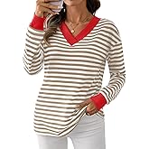 Fayenne Womens Long Sleeve Tops Dressy Casual Striped Shirts Color Block V Neck Blouses Tunic Fall Fashion 2025