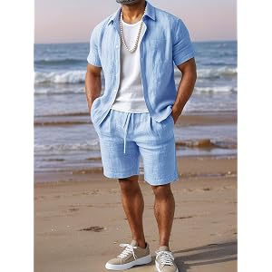 2 Piece Short Sets for Men Summer Beach Outfits Breathable Lightweight Button Down Shirts and Shorts Casual Vacation Set