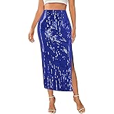 Segreto Women's Sequin Maxi Skirt High Waist Split Hem Sparkle Bodycon Midi Long Pencil Fishtail Skirts Party Cocktail