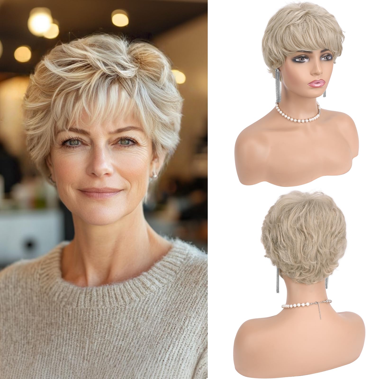 Photo 1 of Haloo Blonde Pixie Wigs for Women - Short Natural Layered Haircut Synthetic Heat Resistant Hair Wig for Daily Costume
