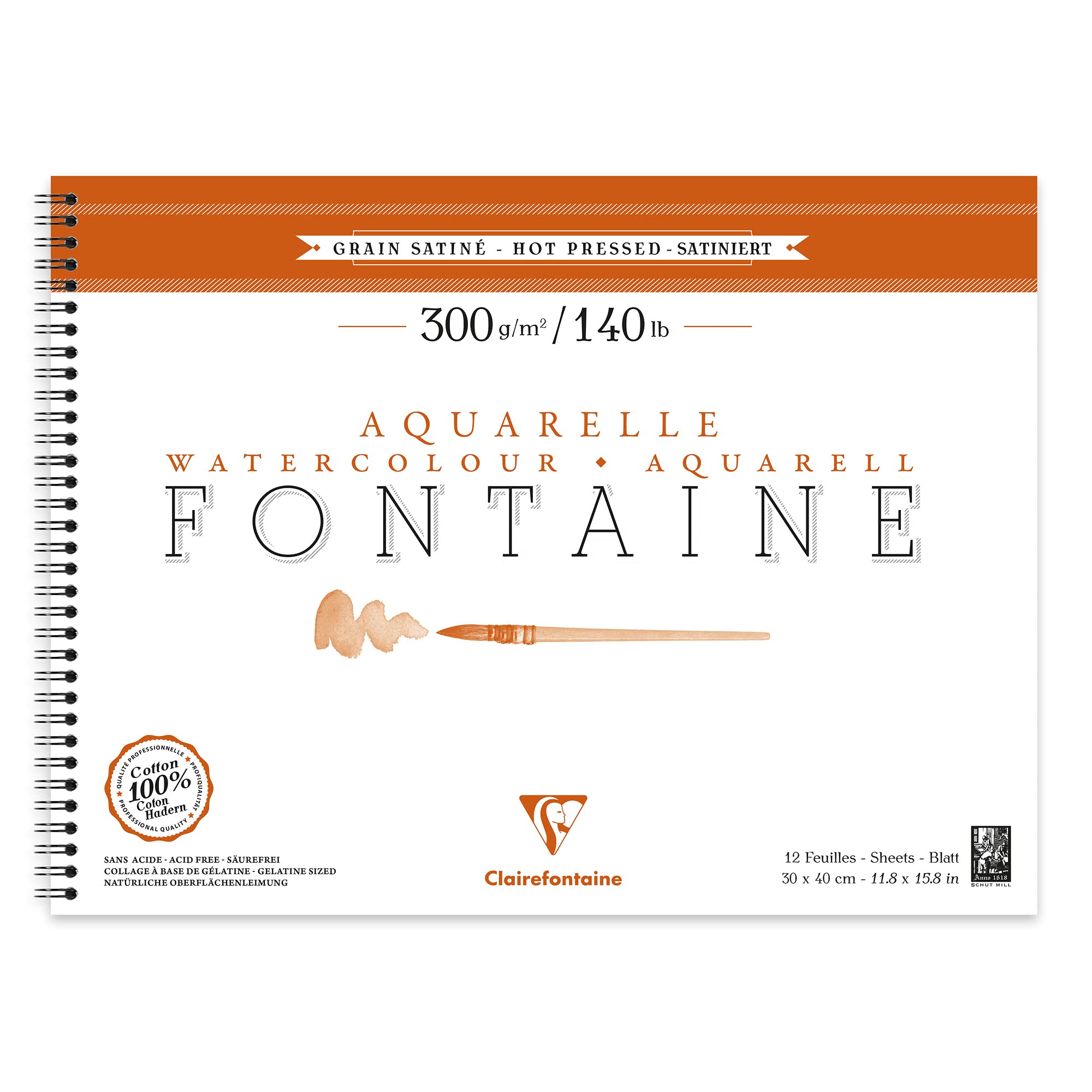 Clairefontaine - Ref 96364C - Fontaine Hot Pressed Watercolour Wirebound Pad (12 Sheets) - 30 x 40cm Size, 300gsm Paper - Suitable for Watercolour Artwork