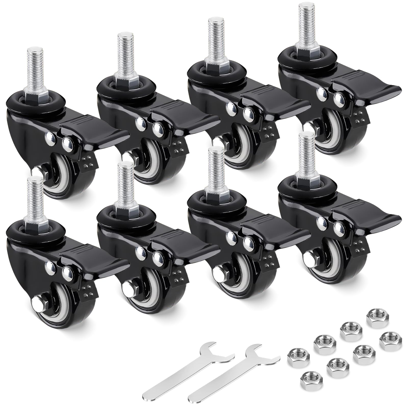 Photo 1 of NDSWKR 8 Pack 2 Inch Stem Caster Wheels with Brake, PVC Locking Casters, M8 x 25 mm (Screw Diameter 8mm, Stem Length:1 Inch) Heavy Duty Threaded Stem Swivel Casters for Home, Office, Industry, Black