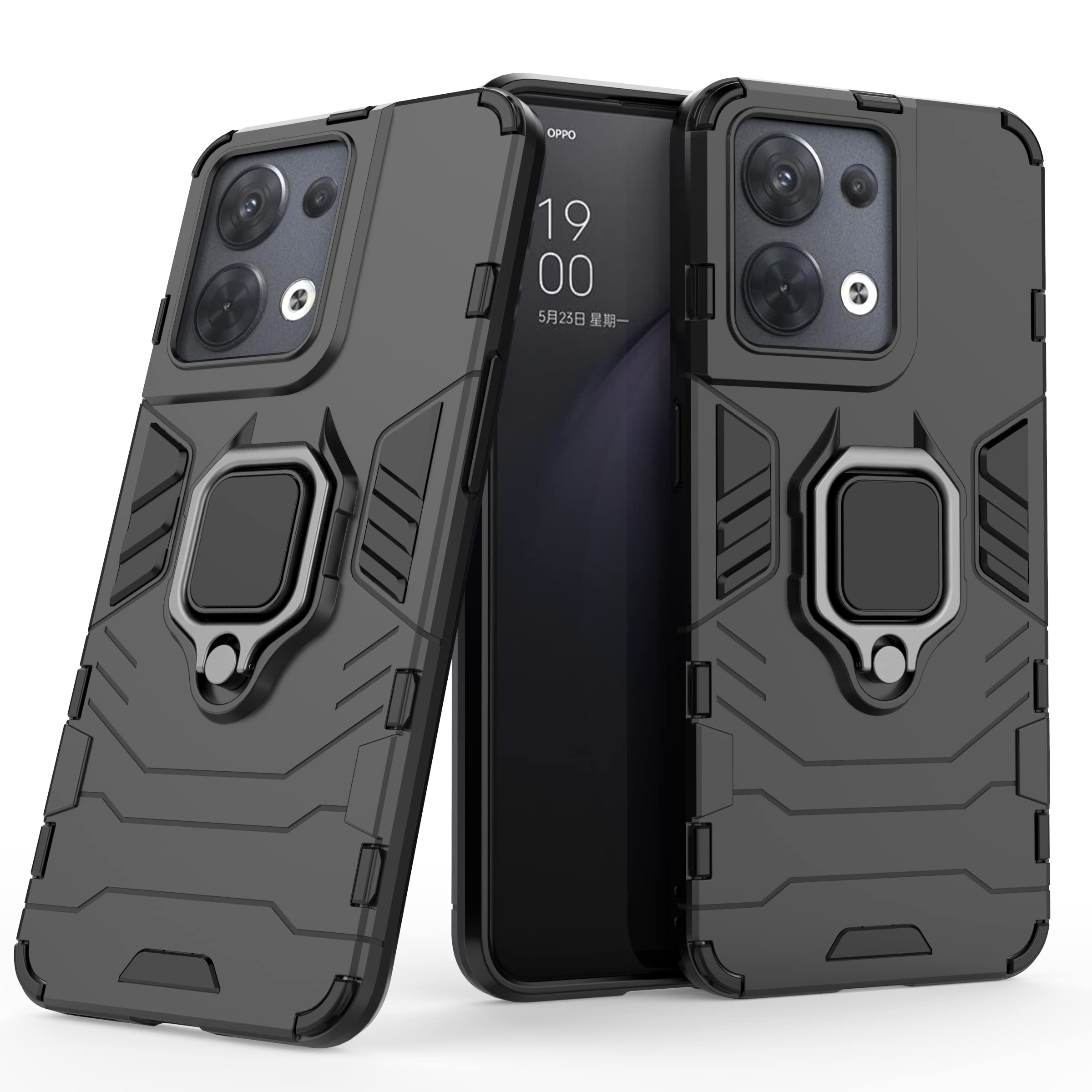 IMIRST Oppo Reno8 Case, Heavy Duty Armor Dual Layer Shock Resistant Hybrid Protective Bumper Cover with Ring Holder Kickstand for Oppo Reno 8. HB Black
