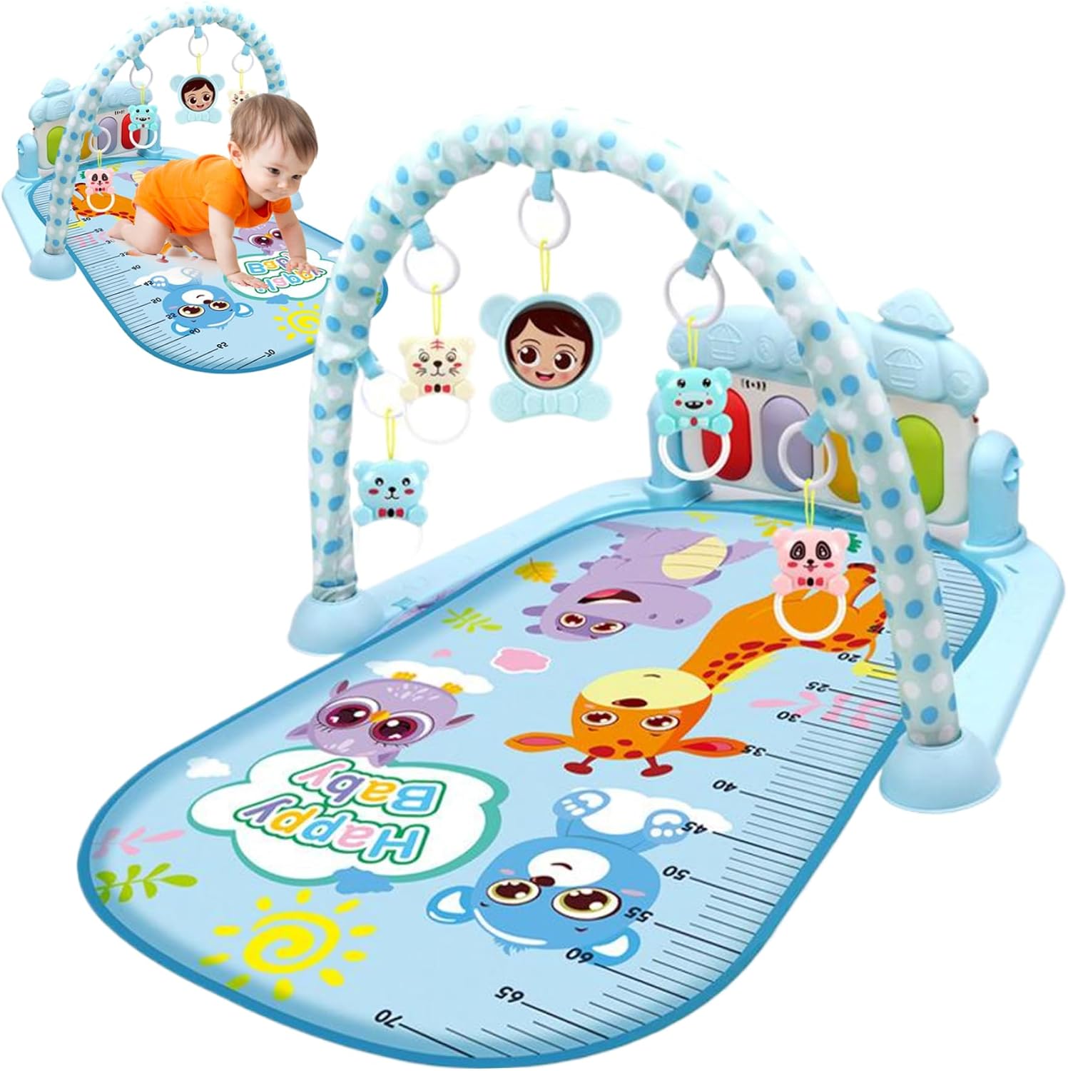 Baby Activity Center with Music & Light Safe & Easy Baby Gym Play Mat with Rattle Pendant Removable Play Mat with Adjustable Board for Newborns and Toddlers Blue