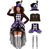Tvnxdgl Women Hatter Costume Mad Tea Party Dress Adult Halloween Wonderland Cosplay Skirt Top Hat Leggings Necktie Set