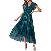 Simplee Womens Summer Floral Maxi Dress 2026 Short Sleeve V Neck Belted Mesh Hem Split Flowy Beach Wedding Guest Dresses