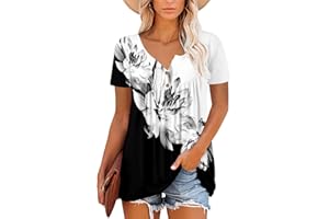 noabat Womens Henley Shirts Ladies Long Sleeve Tunic Top V Neck Flower Blouse Top
