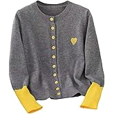 GORGLITTER Women's Colorblock Heart Cardigan Button Up Cozy Crewneck Long Sleeve Embroidered Valentines Knitwear Tops