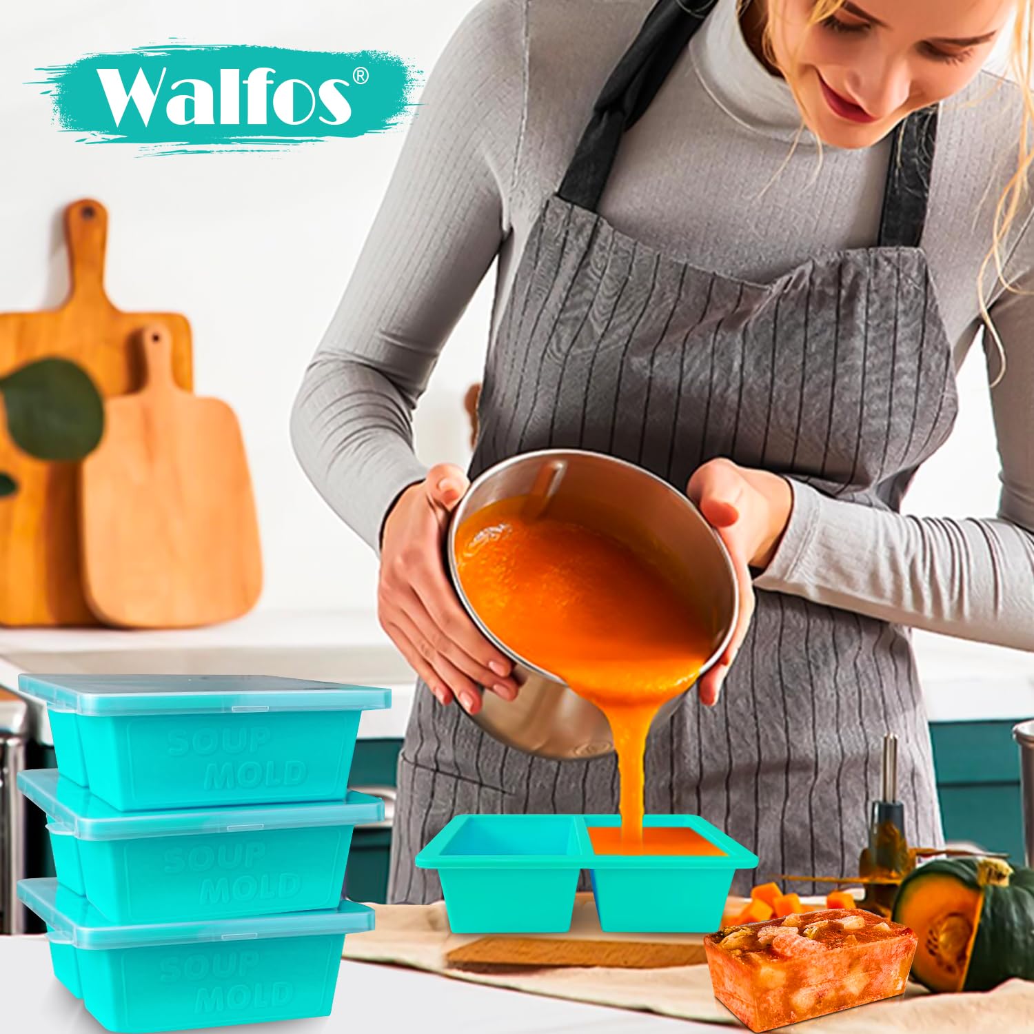 Walfos 1-Cup Silicone Freezer Molds with Lid, 4 Packs Soup Freezer Ice Cube Tray For Food, Silicone Food Freezing Container For Storing and Freezing Soup, Broth, Sauce and Ice.