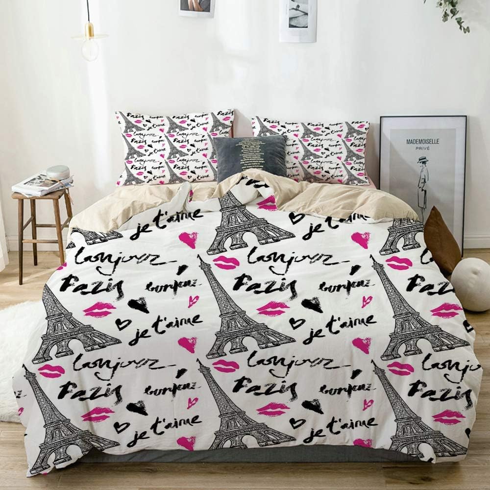 Kanaite Juego de Funda nórdica Beige, Torre Eiffel con lápiz Labial