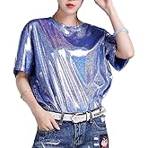 Women Glitter Shiny Metallic T Shirt Tank Tops Holographic Rave Festival Blouse