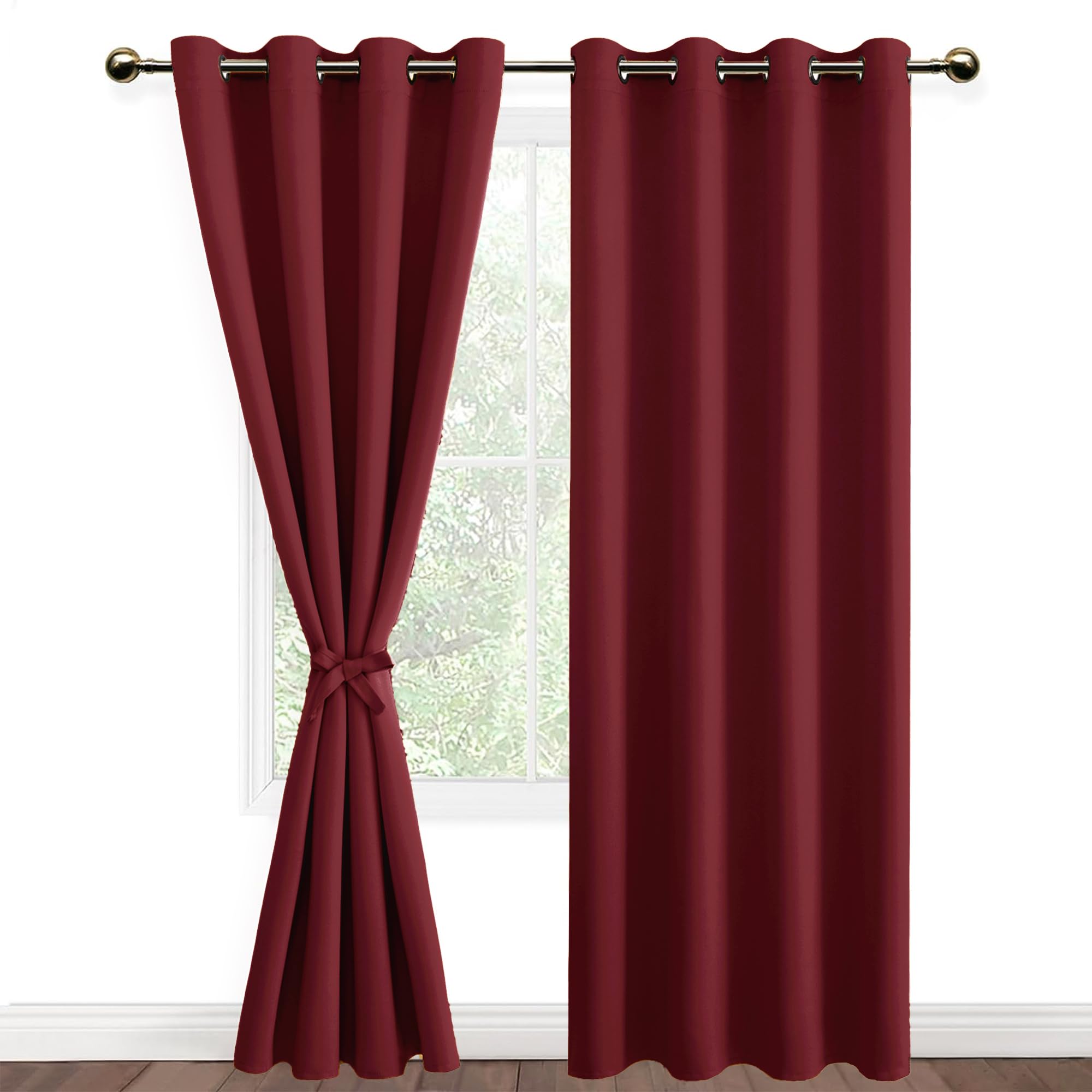 DWCN Blackout Curtains with Tiebacks for Bedroom Thermal Insulated Solid Eyelet Curtains for Living Room,2 Panels,52" Wide x 84" Drop Burgundy