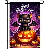 BlissYard Halloween Garden Flag 12x18 Inch Bat-Winged Black Kitten on Glowing Pumpkin Yard Flag Double Sided Outdoor Cute Spooky Welcome Flag for Porch