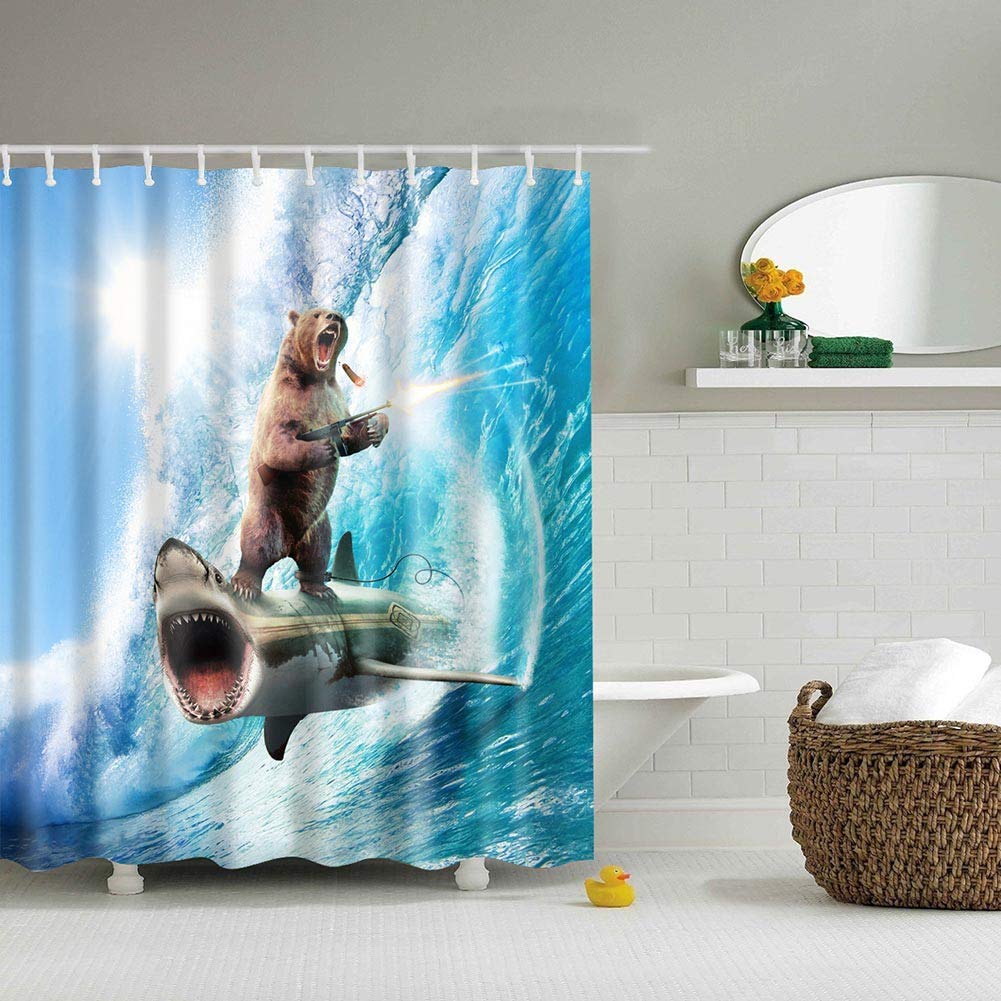BOYOUTH Bear Standing on the Shark Pattern Digital Print Shower Curtains for Bathroom Decor,Polyester Waterproof Fabric Bath Curtain with 12 Hooks,70x70 Inches,Multicolor