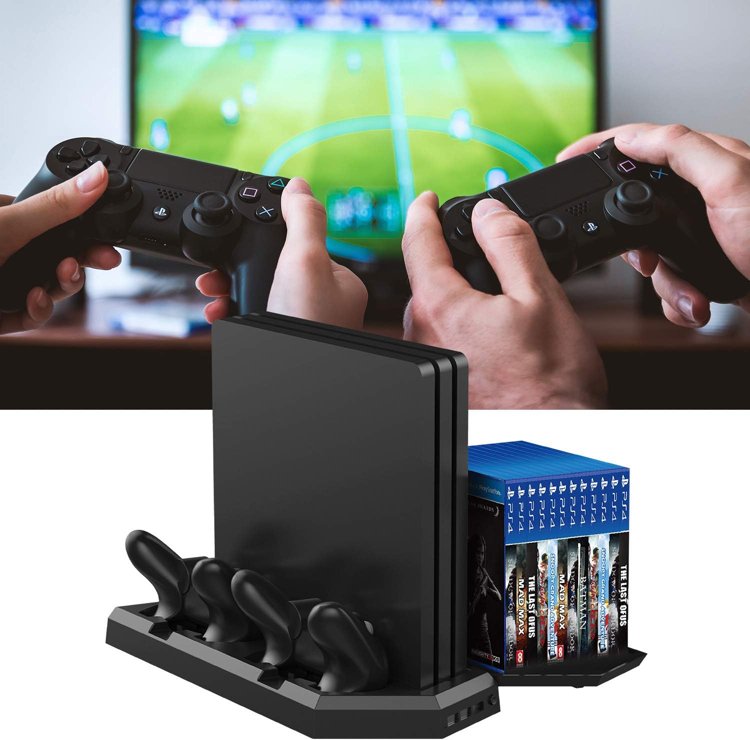 MOCREO Vertical Stand with Cooling Fan for PS4 / PS4 Pro, Dual Controller Charger Station with 12 Game Storage and Dualshock Charger with 3 Extra USB HUB Port