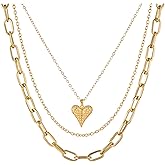 GEEZENCA Trendy Chunky Layered Gold Necklace for Women – Adjustable 3-Strand Paperclip Chain with Sparkling CZ Heart Pendant, Non-Tarnish Statement Jewelry Gift for Her