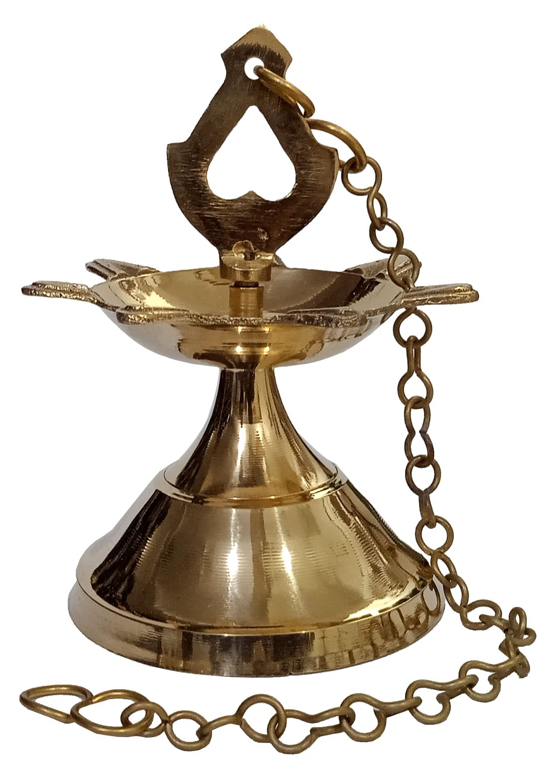 Purpledip Brass Hanging Diya Nila Vilakku: Traditional Kalash Design Oil Lamp with 7 Slots (12634)