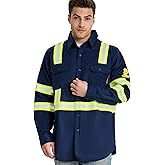 SRsafety Hi Vis FR Shirts for Men,7.0oz Long Sleeve FR Work Shirts,100% Cotton High Visibility Fire Shirt