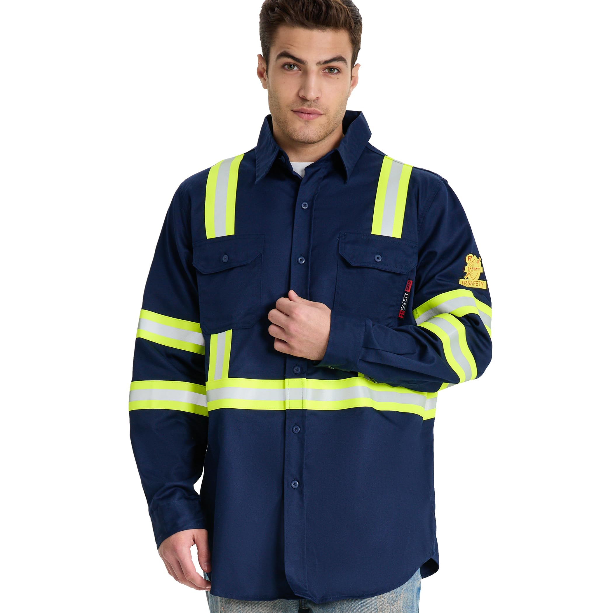 Photo 1 of SRsafety Hi Vis FR Work Shirts,7.0oz Long Sleeve Flame Resistant Shirts for Men,100% Cotton High Visibility Fire Shirt