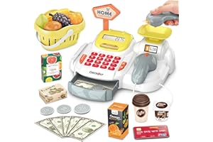 SOTODIK Cash Register 36PCS Supermarket Shop Toys with Electronic Sounds,Working Scanner,Calculator,Credit Card Reader,Play Food and Money Preschool Learning for Girl Boys Kids (Yellow)