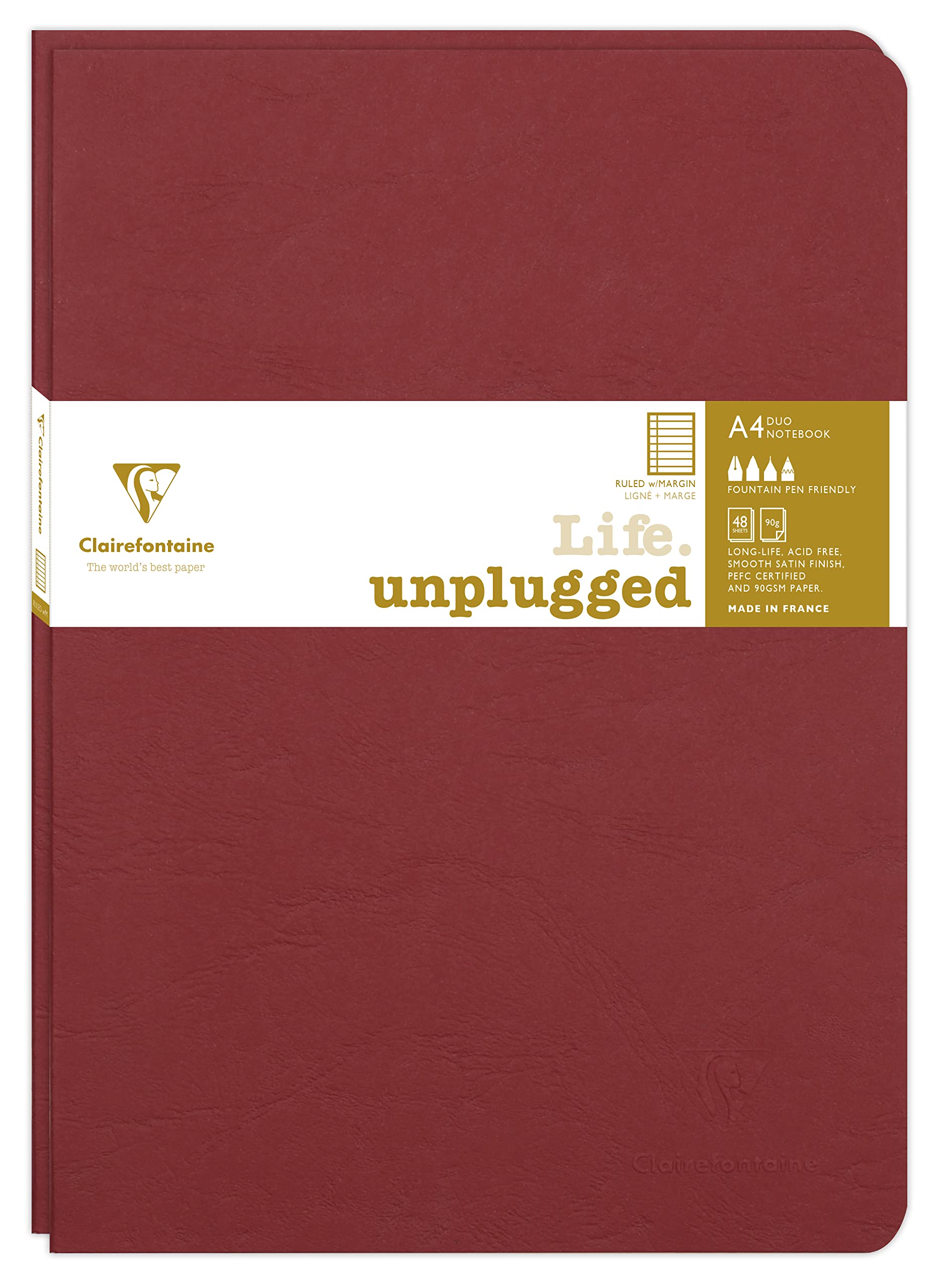 Clairefontaine 733072C Collection Age Bag Set of 2 Red Duo Stapled Notebooks - A4 21x29.7cm - 96 Lined Pages w/ Margin - 90g White Paper - Leather Grain Cover