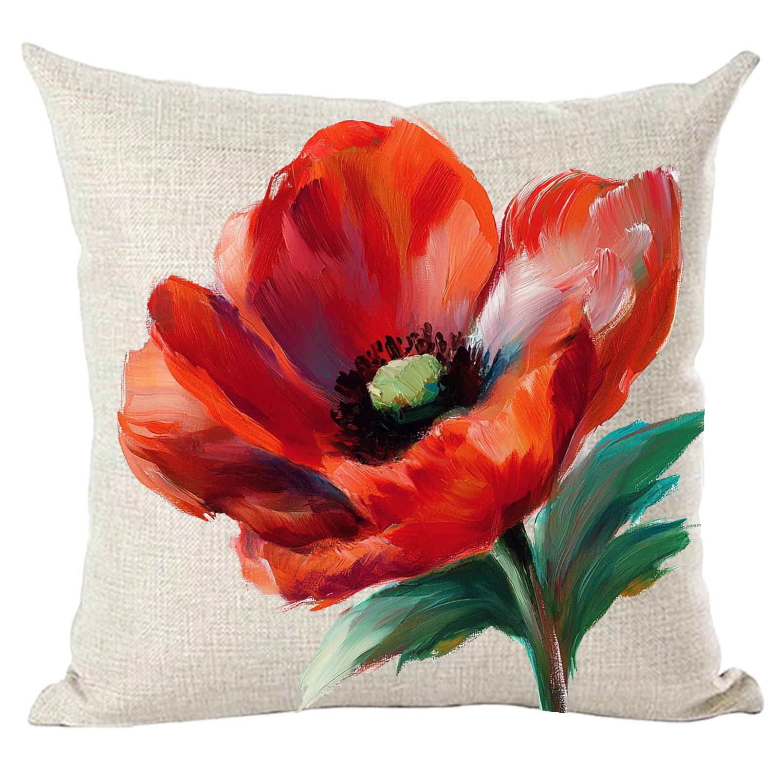 Photo 1 of Ramirar Ink Oil Painting Watercolor Red Orange Poppy Flower Gift for Flower Lover Decorative Throw Pillow Cover Case Home Living Room Bed Sofa Car Cotton Linen Square 18 x 18 Inches