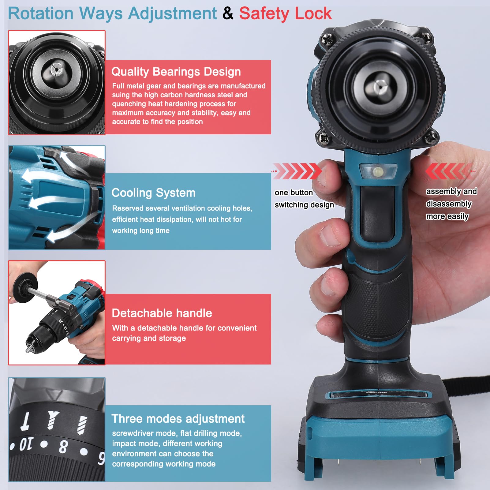 Hand Drill, 0.5 inch (13 mm) High Torque Multifunctional Electric Cordless Drill High Power Rechargeable Hand Drill Brushless Motor Household DIY Power Tools