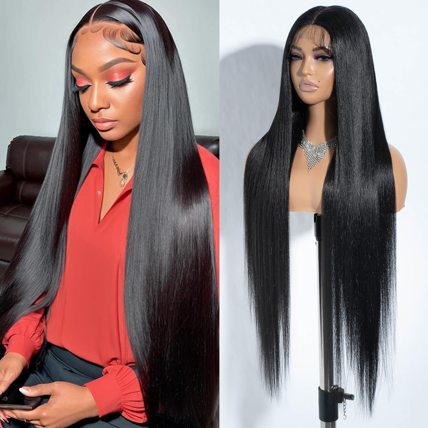 Joedir 34" Long Yaki Straight Lace Front Synthetic Wigs Middle Part HD Transparent Glueless Lace Wig Heat Resistant Fiber Pre Plucked Hairline with Baby Hair Wig for Women(Black Color)