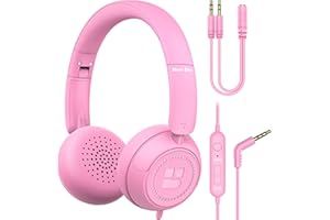 New bee Kids Headphones for School with Microphone HD Stereo Safe Volume Limited 85dB/94dB Foldable Lightweight On-Ear Headphone for Girls/PC/Mac/Kindle/Tablet/Pad (Pink)