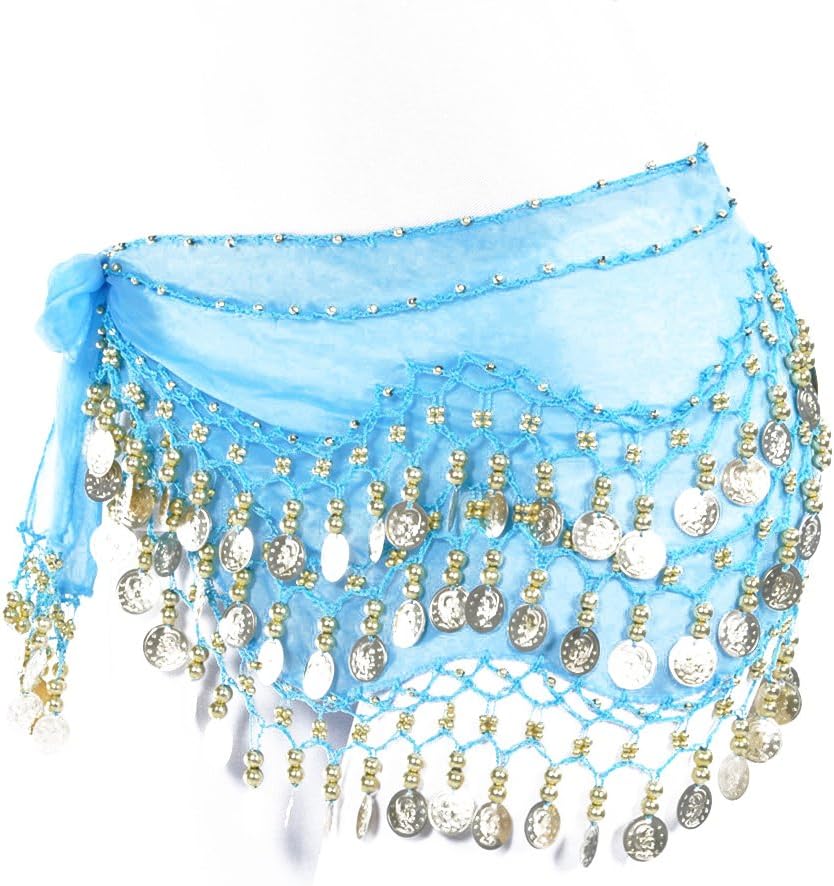 Chiffon Dangling Gold Coins Belly Dance Hip, H-Light Blue, Size One Size
